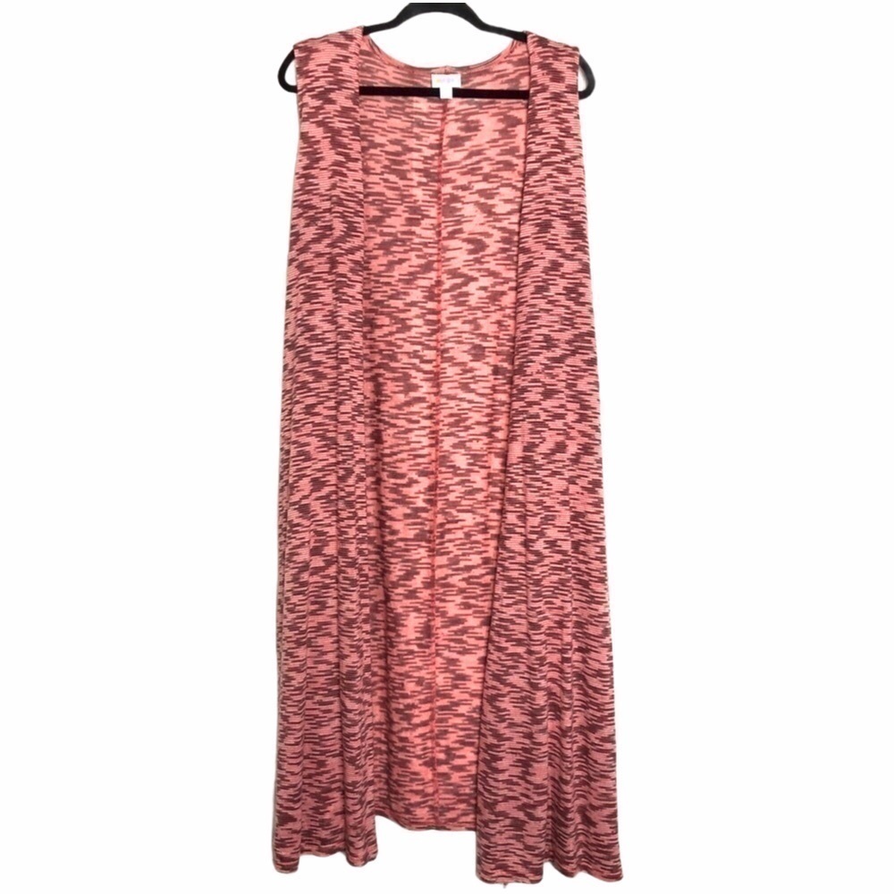 LULAROE Joy Duster Vest In Coral Pink, White & Gray Heathered Knit - Size Large